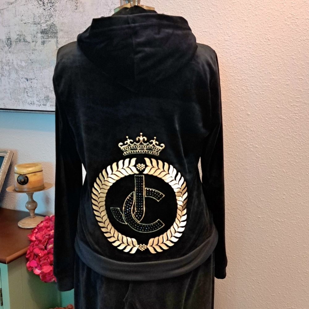 Juicy Couture black and gold bling embellished velour hoodie Jacket & Pants Set